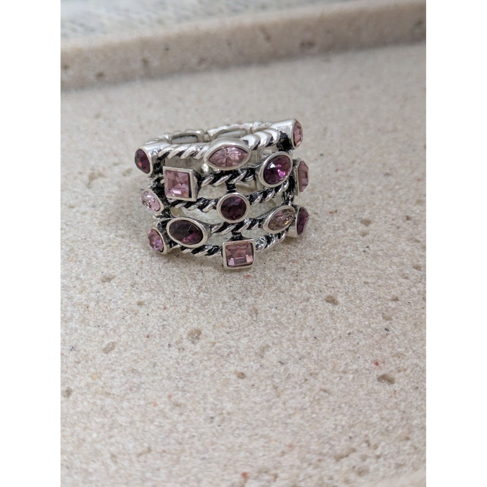 Silver Tone Stretch Ring With Purple Rhinestones Layered Stacked Size 8